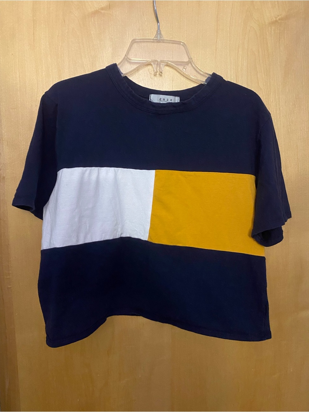 gaze Colorblock Cropped Crew Neck Tee Navy White Mustard Yellow Women’s Large